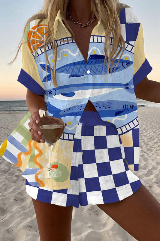 Fish Print Loose Button Elastic Waist Shorts Set