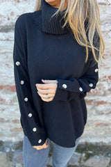 Solid Color Casual Turtleneck Button Decoration Long Sleeve Loose Knit Sweater
