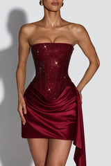 Party Entrance Sequin Corset Ruched Satin Ruffle Hem Strapless Mini Dress