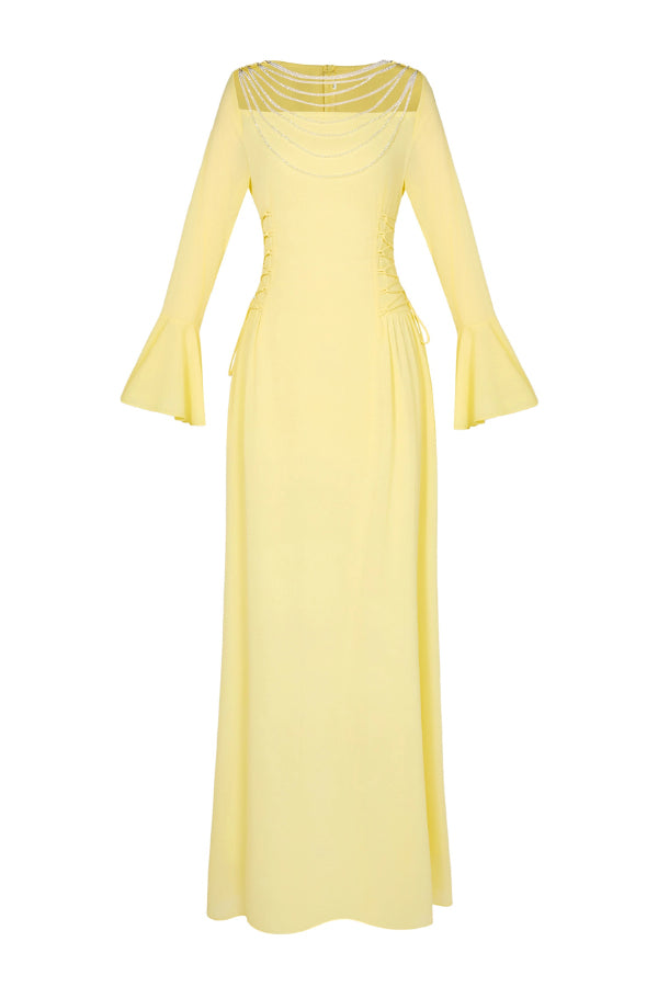 Fashionable Beaded Long-sleeved Square-neck Fitted Waist Tie Maxi Dress