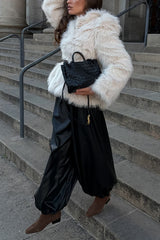 Comfortable and Modern Faux Leather Elastic Wst Pocket Bubble Hem Pants