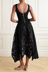 Atlas Asymmetric Ribbed-knit and Guipure Lace Back Zipper Midi Dress