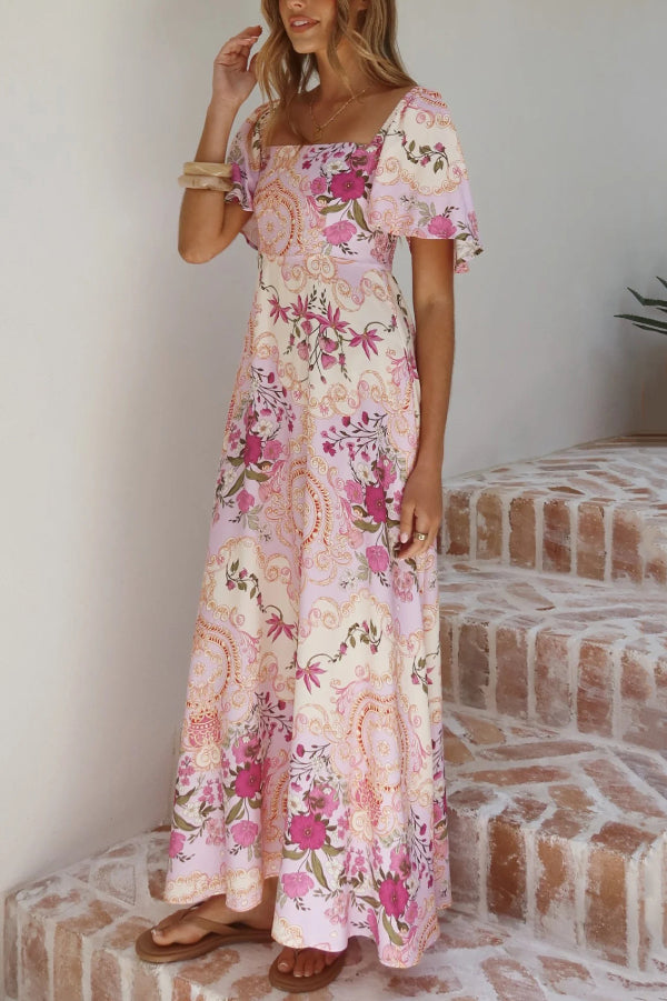 Plant Print Short-sleeved Square Neck Casual Pocket Holiday Midi Dress