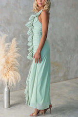 Fashion One-shoulder Pleated Sexy High Slit Slim Dress