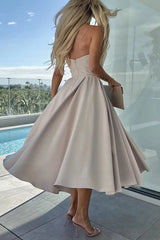 Sweet Cascade Solid Color Off Shoulder Pocket Full Hem Midi Dress