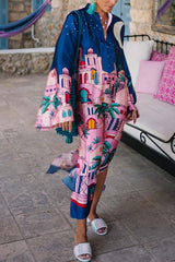 Seaside Stroll Satin Unique Print Button Up Long Sleeve Slit Kaftan Midi Dress