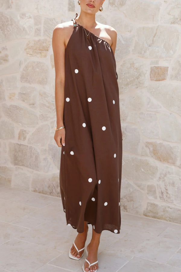 Polka Dot Print Sleeveless One-shoulder Tie-up Casual Vacation Maxi Dress