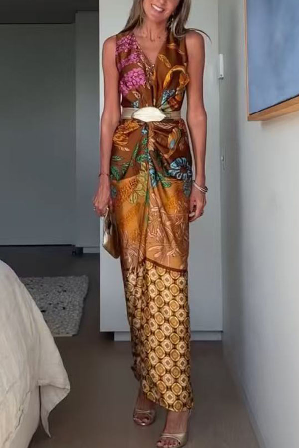 Naturally Inspired Satin Unique Floral Print Twist Waist Slit Drape Maxi Dress