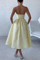 Jacquard Fabric Strapless Open Back Elegant Slim Midi Dress