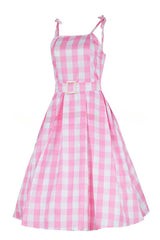 Barbie Pink Plaid Printed Cami Midi Dress