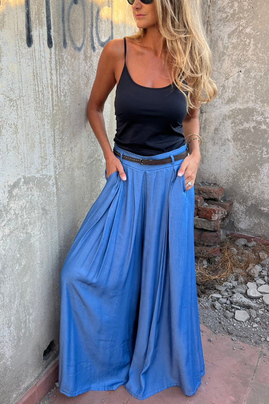 Solid Color Elastic Waist Casual Pocket Loose Wide-leg Pants