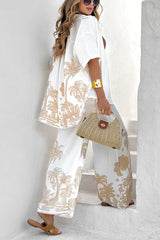 Coconut Palm Linen Blend Unique Print Oversized Shirt and Elastic Waist Pocket Loose Pants Set