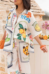 Summer Plant Fruit Print Casual Short Sleeve Shirt and Elastic Waist Loose Wide Leg Pants Set