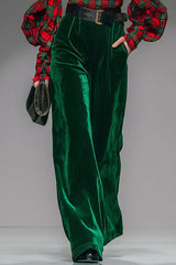 Retro Plaid Turtleneck Long Balloon Sleeve Top and Velvet Pocket Wide Leg Pants Set