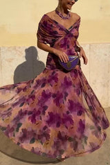 Unique Printed V-Neck Waisted Mesh Holiday Maxi Dress