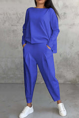 Solid Color Crew Neck Long-sleeved Irregular Loose Top and Elastic Waist Pocket Casual Pants Set