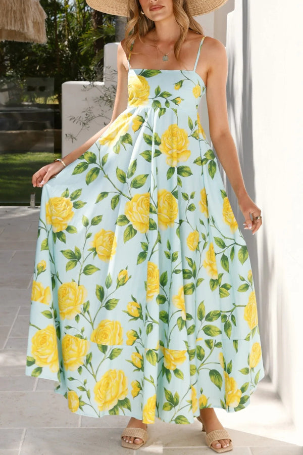 Floral Print Square Neck Sleeveless Casual Vacation Maxi Dress
