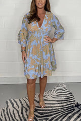 Unique Printed V-Neck Half Sleeve Waist Pleated Mini Dress