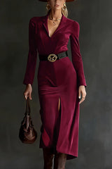 Stylish Suede V-neck Long-sleeved Slim-fit Slit Midi Dress