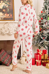 Snowflake Candy Print Casual Long-sleeved Shirt and Elastic Waist Pants Set