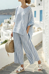Linen Blend Unique Print Half Sleeve Top and Elastic Waist Pocket Loose Pants Set