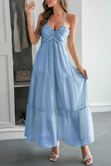 Solid Color Halterneck Tie Casual Holiday Style Maxi Dress