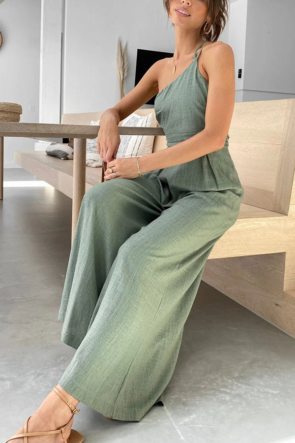 Angela One Shoulder Two Thin Straps Wige Leg Jumpsuit