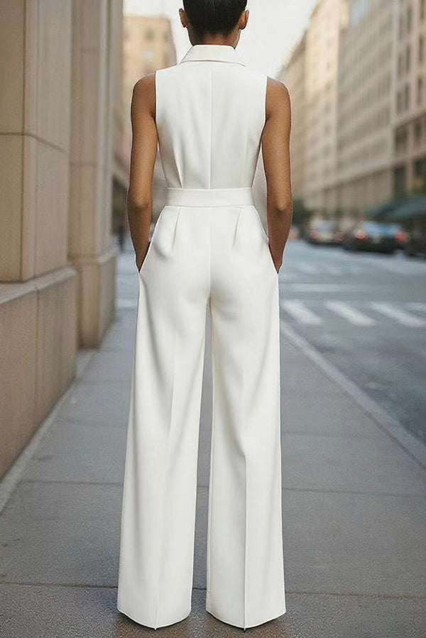 Fashion Lapel Sleeveless High Waist Tie Casual Pocket Wide Leg Jumpsuit