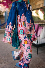 Seaside Stroll Satin Unique Print Button Up Long Sleeve Slit Kaftan Midi Dress