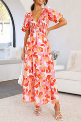 Holiday Flower Print Puff Sleeve Midi Dress