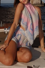 Amalfi Coast Satin Unique Print Scarf Top and Elastic Waist Pocket Loose Shorts Set