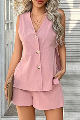 Solid Color Holiday Style V-neck Button Vest and Elastic Waist Casual Pocket Shorts Set