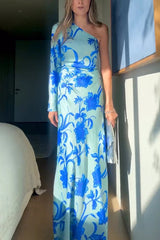 Satin Botanical Print One-Sleeve Resort Maxi Dress