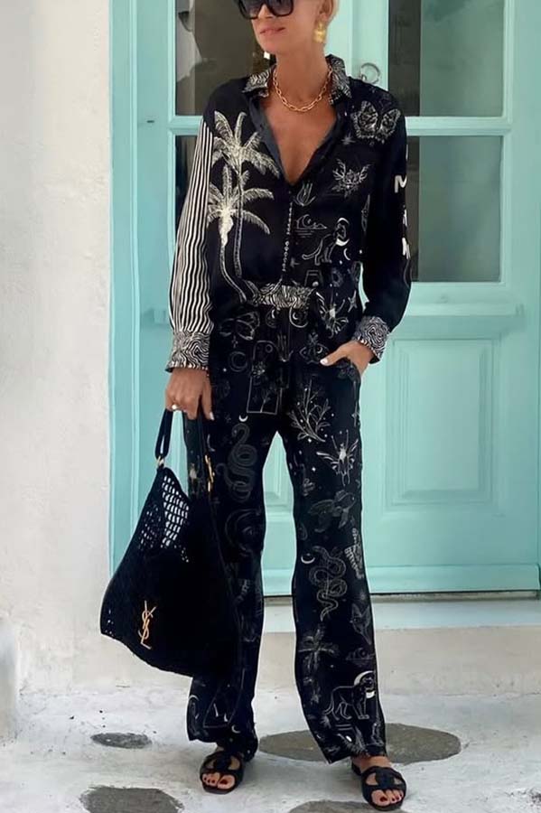 Black Magic Satin Unique Print Long Sleeve Blouse and Elastic Waist Pocket Wide Leg Pants Set