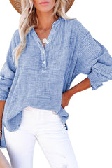 Solid Color Long Sleeve Pleated Button Loose Top