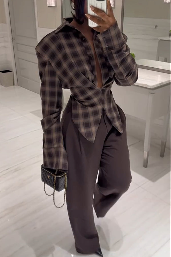 Vintage Plaid Shoulder Pad Buttons Long Sleeve Angled Hem Shirt