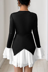 Fashionable Contrast Color Panel Long Sleeve Ruffled Mini Dress