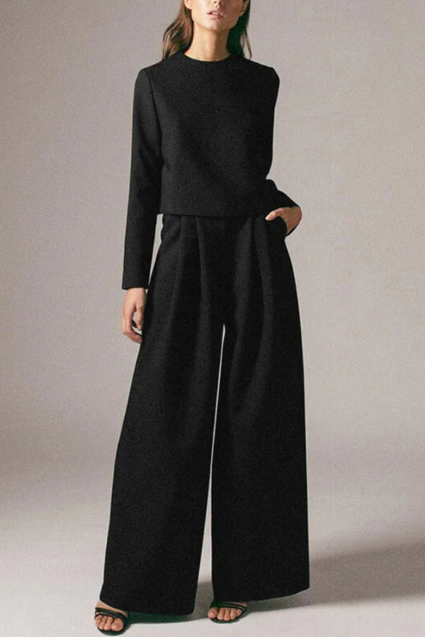 Solid Color Crew Neck Long-sleeved Cropped Top and Casual Pocket Wide-leg Pants Set