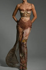Chiffon Leopard Print Sexy Lace Splicing High Slit Slim Maxi Dress