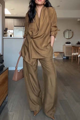 Bella Satin Drape Collar Single Button Casual Blazer and Elastic Waist Pocket Loose Pants Set