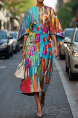 Unique Print Batwing Sleeve Waisted Casual Midi Dress