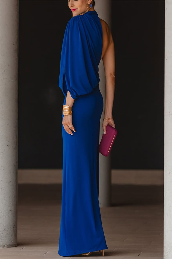 Royal Blue High Neck Asymmetrical Cutout Sleeve Drape Maxi Dress