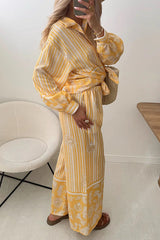 Holiday Style Unique Print Long Sleeve Lapel Loose Shirt and Elastic Waist Casual Pocket Pants Set