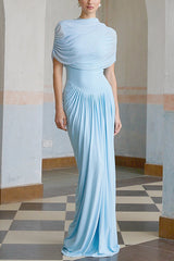 Elegant Mesh Cape-style Pleated Draped Maxi Dress
