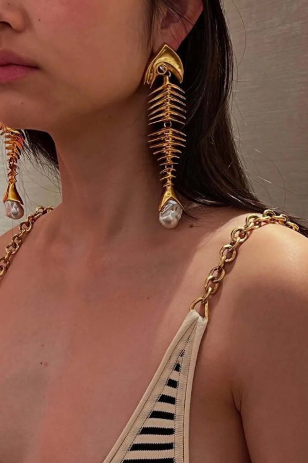 Personalized Fishbone Diamond Pearl Pendant Earrings