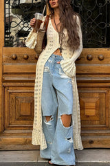 Fashion Hollow V-neck Long-sleeved Casual Knitted Cardigan