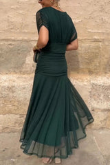 Unique Printed V-Neck Waisted Mesh Holiday Maxi Dress