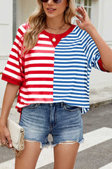 Striped Color Block Print Crew Neck Short Sleeve Loose Top