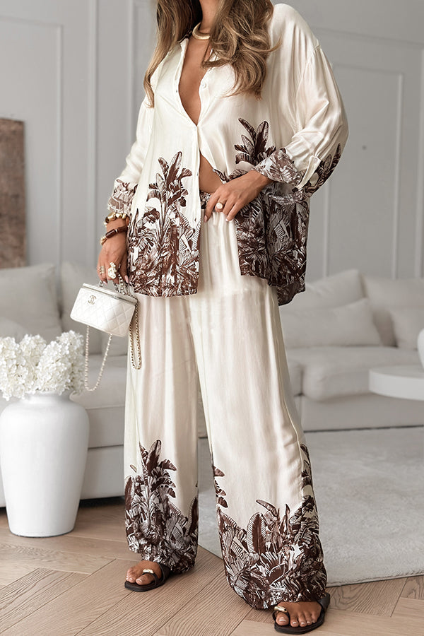Botanical Print Loose Long-sleeved Shirt and Elastic Waist Pocket Casual Wide-leg Pants
