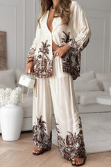 Botanical Print Loose Long-sleeved Shirt and Elastic Waist Pocket Casual Wide-leg Pants